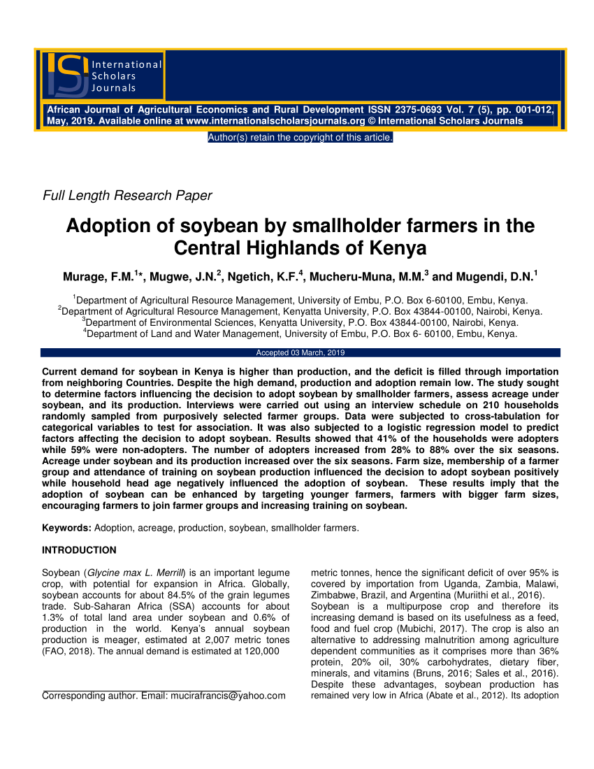 PDF) Adoption of soybean by smallholder farmers in the Central ...