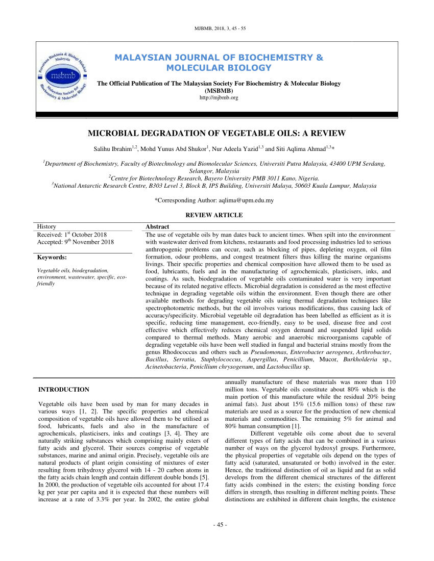 Pdf Microbial Degradation Of Vegetable Oils A Review