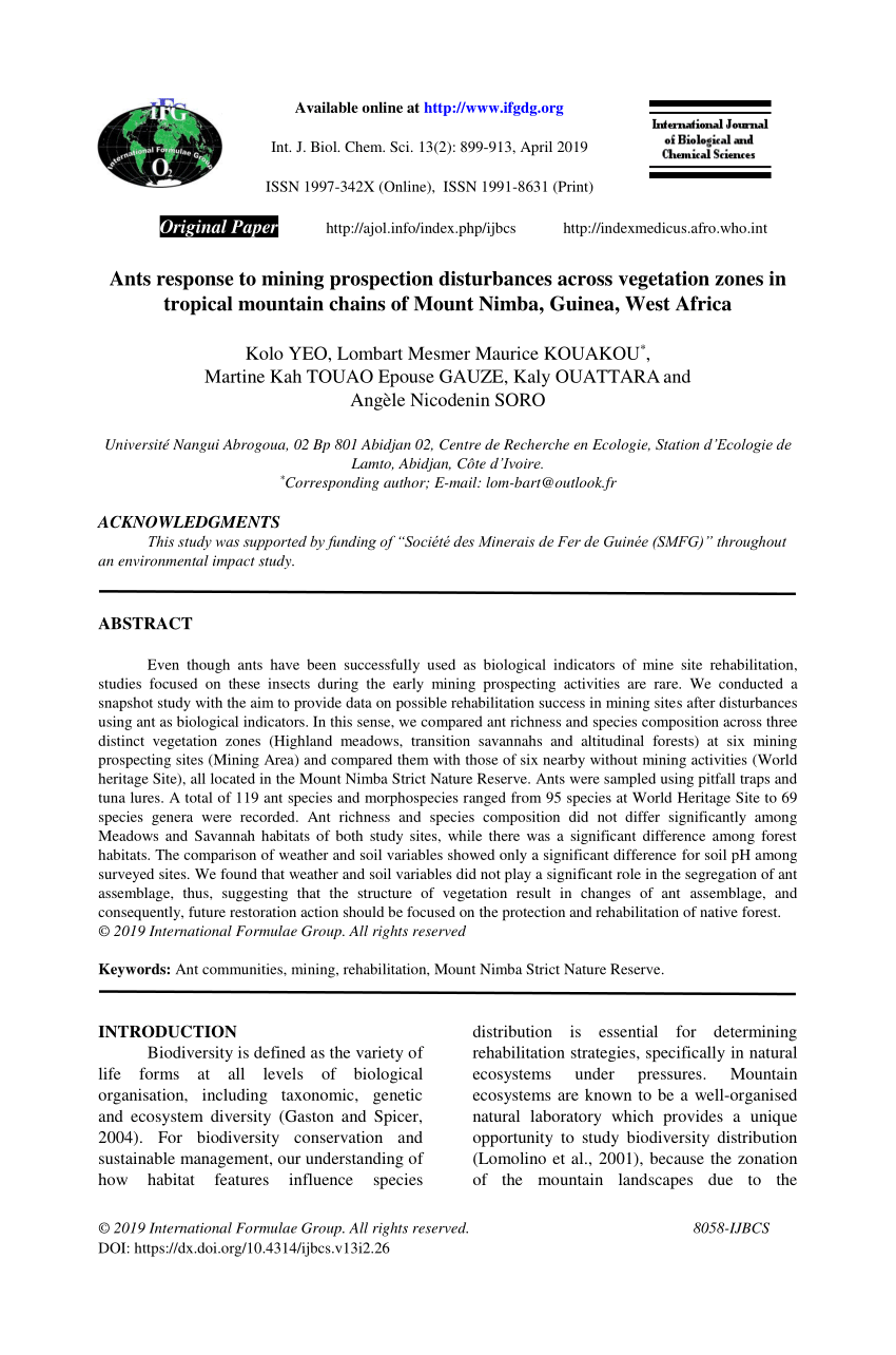 Pdf Ants Response To Mining Prospection Disturbances Across Vegetation Zones In Tropical Mountain Chains Of Mount Nimba Guinea West Africa