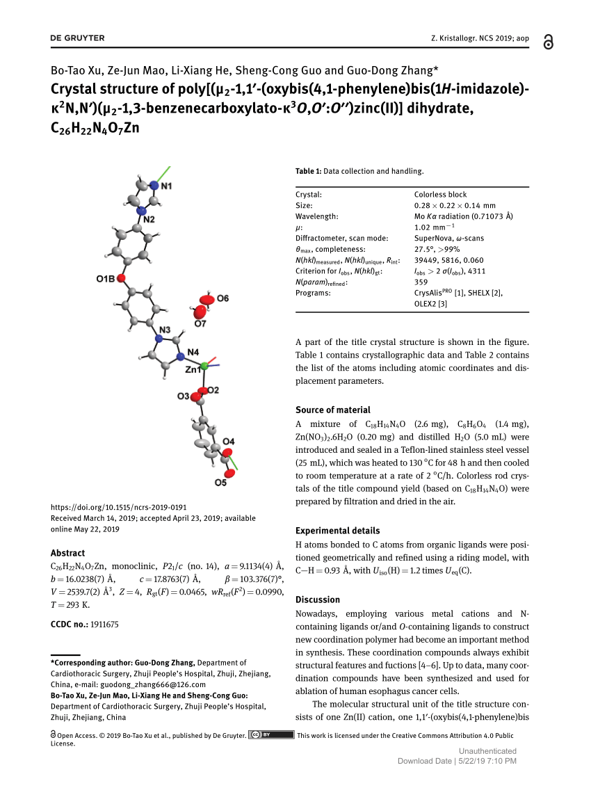 Pdf Crystal Structure Of Poly M2 1 1 Oxybis 4 1 Phenylene Bis 1h Imidazole K2n N M2 1 3 Benzenecarboxylato K3o O O Zinc Ii Dihydrate C26h22n4o7zn