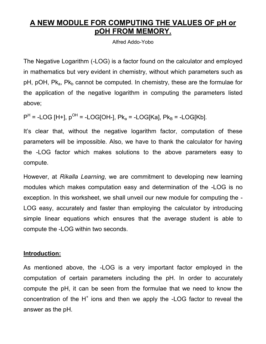 PDF) A NEW MODULE FOR COMPUTING THE VALUES OF pH or pOH FROM MEMORY Within Ph And Poh Worksheet