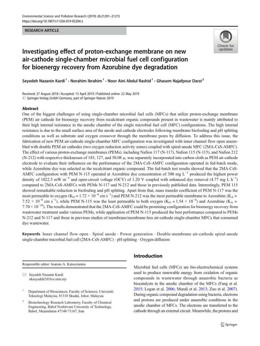 Pdf Investigating Effect Of Proton Exchange Membrane On New Air Cathode Single Chamber Microbial Fuel Cell Configuration For Bioenergy Recovery From Azorubine Dye Degradation