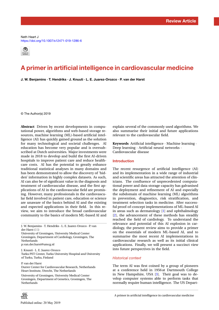 Pdf A Primer In Artificial Intelligence In Cardiovascular Medicine