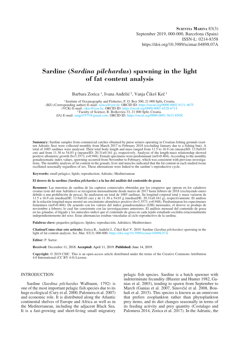 PDF) Sardine (Sardina pilchardus) spawning in the light of fat content  analysis