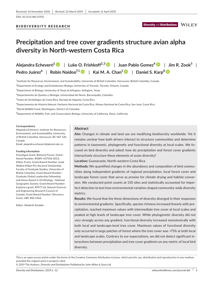 Pdf Precipitation And Tree Cover Gradients Structure Avian Alpha Diversity In North Western Costa Rica