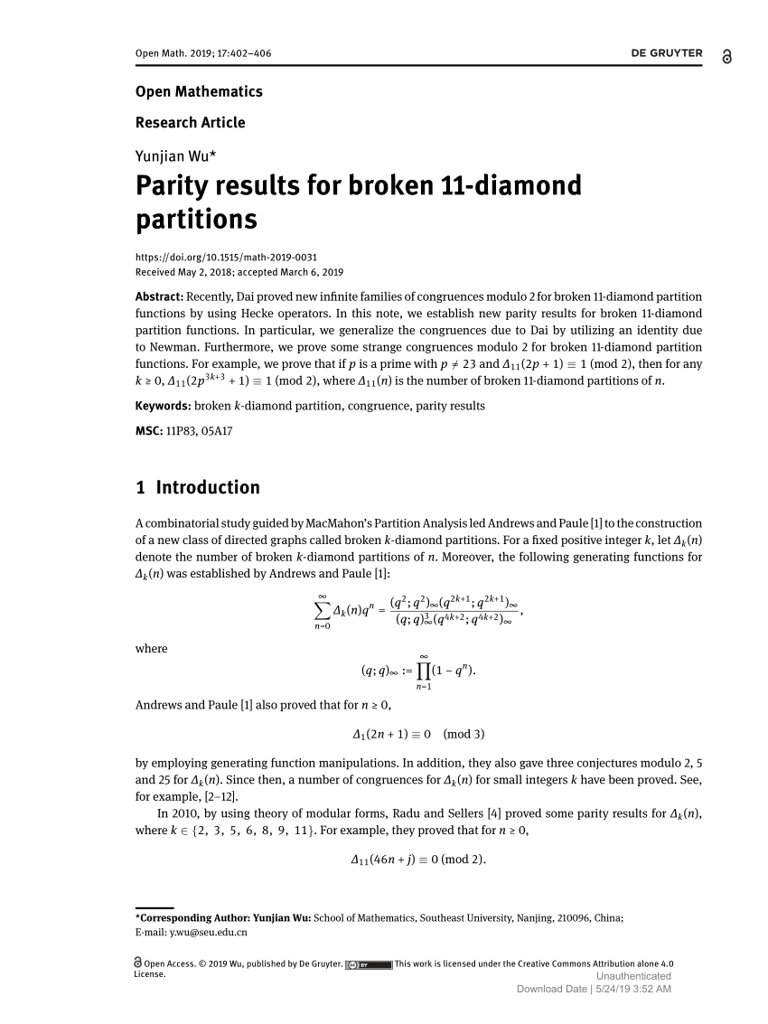 Pdf Parity Results For Broken 11 Diamond Partitions