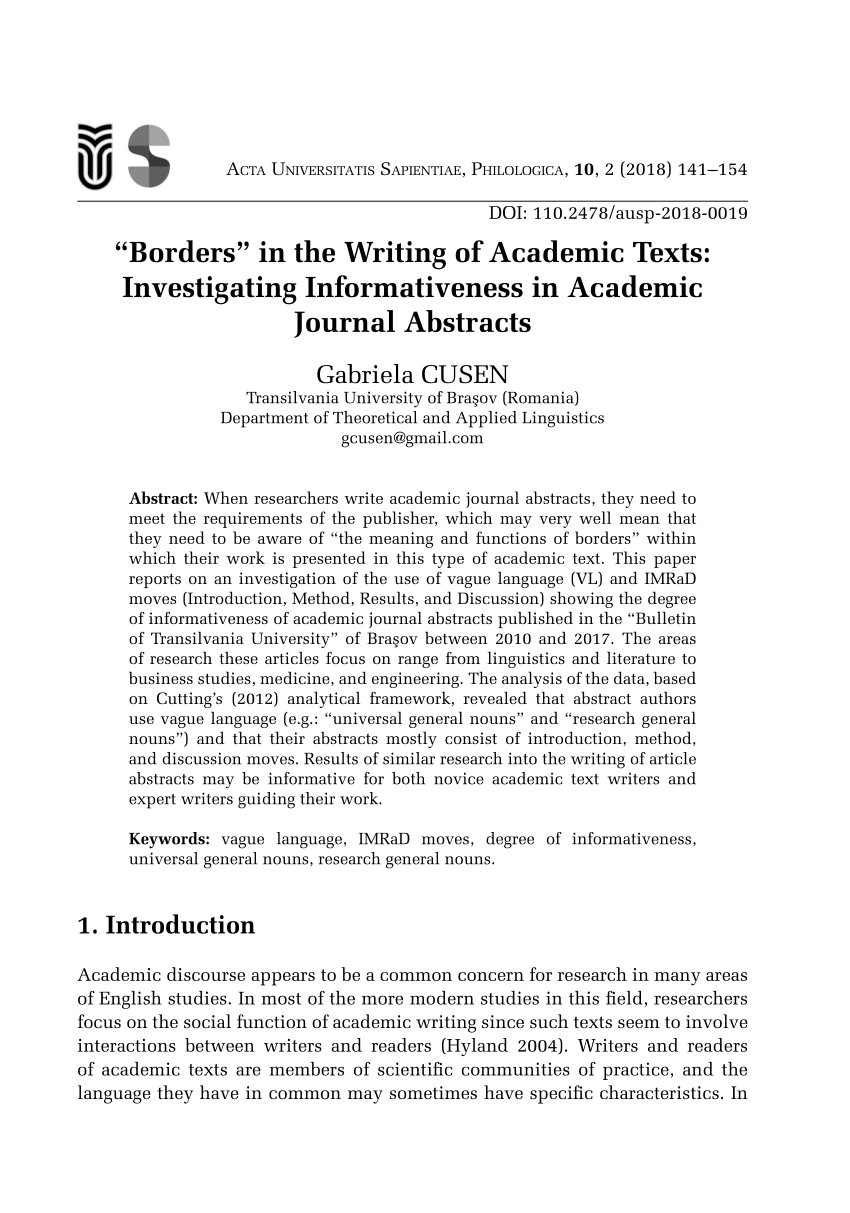 Pdf Borders In The Writing Of Academic Texts Investigating Informativeness In Academic Journal Abstracts