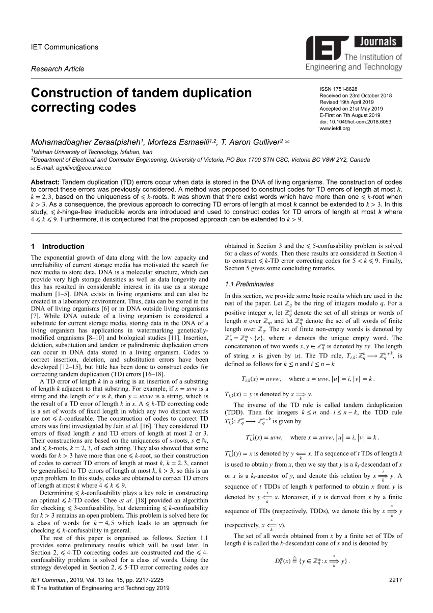 On Tandem Duplication Correcting Codes Request Pdf