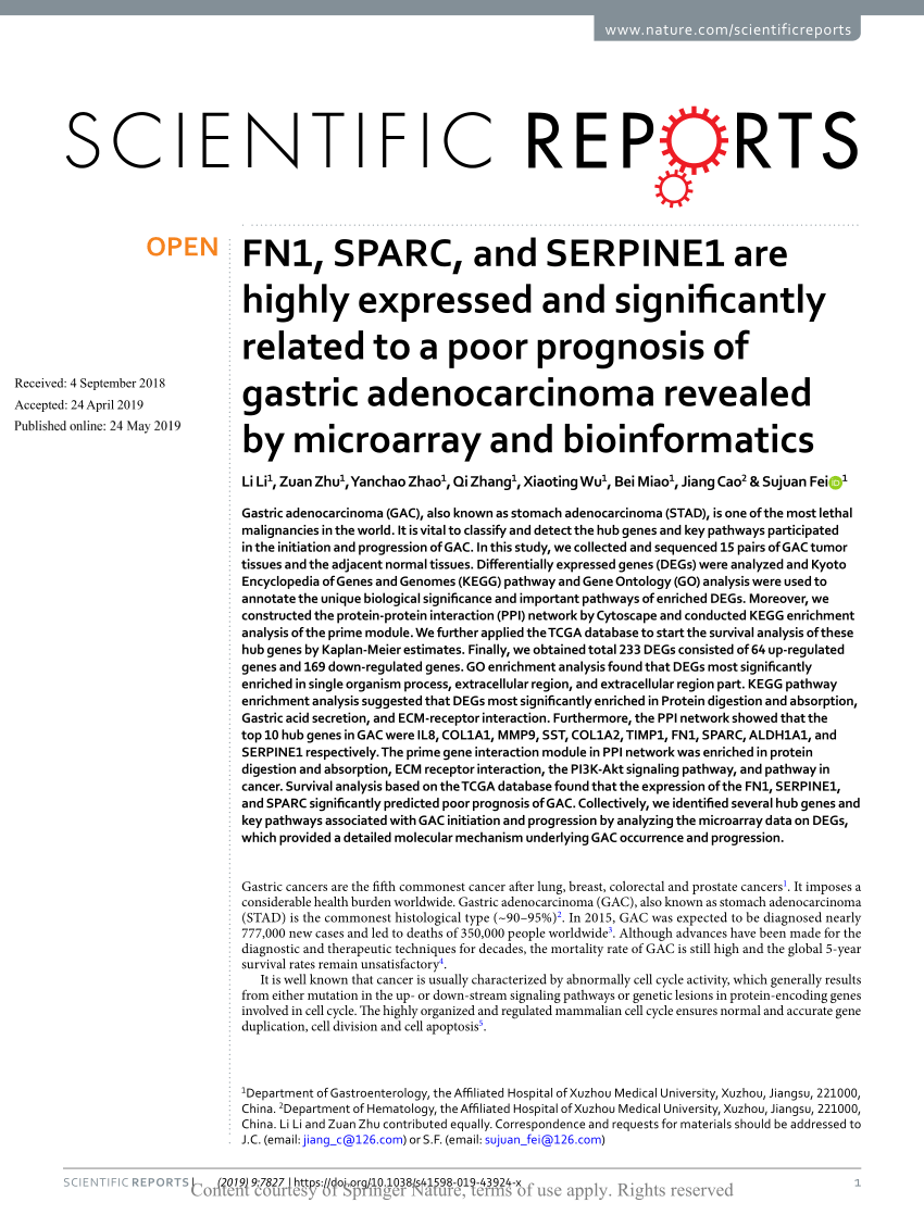 Pdf Fn1 Sparc And Serpine1 Are Highly Expressed And Significantly Related To A Poor Prognosis Of Gastric Adenocarcinoma Revealed By Microarray And Bioinformatics