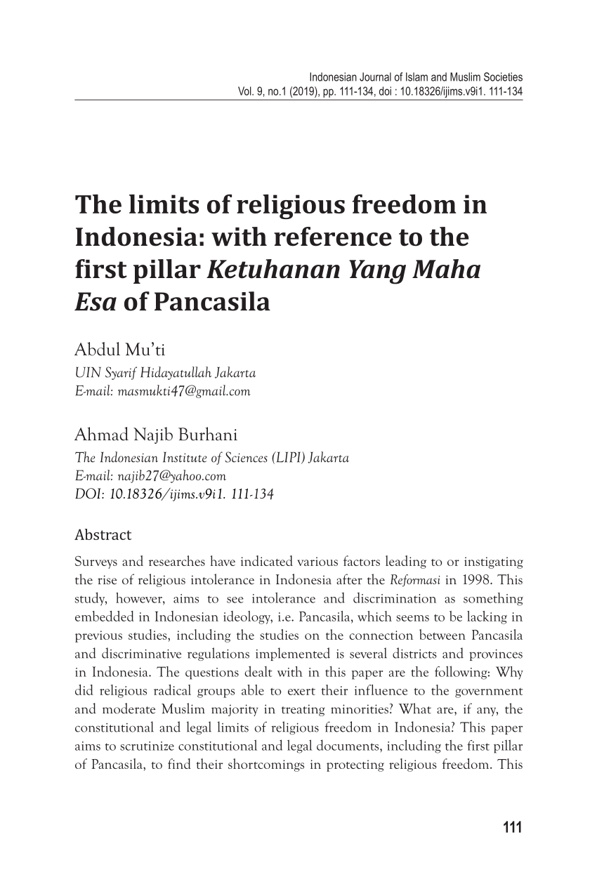 Pdf The Limits Of Religious Freedom In Indonesia With Reference To The First Pillar Ketuhanan Yang Maha Esa Of Pancasila