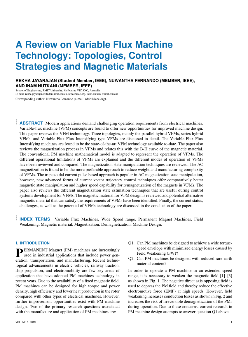 Pdf A Review On Variable Flux Machine Technology Topologies Control Strategies And Magnetic Materials