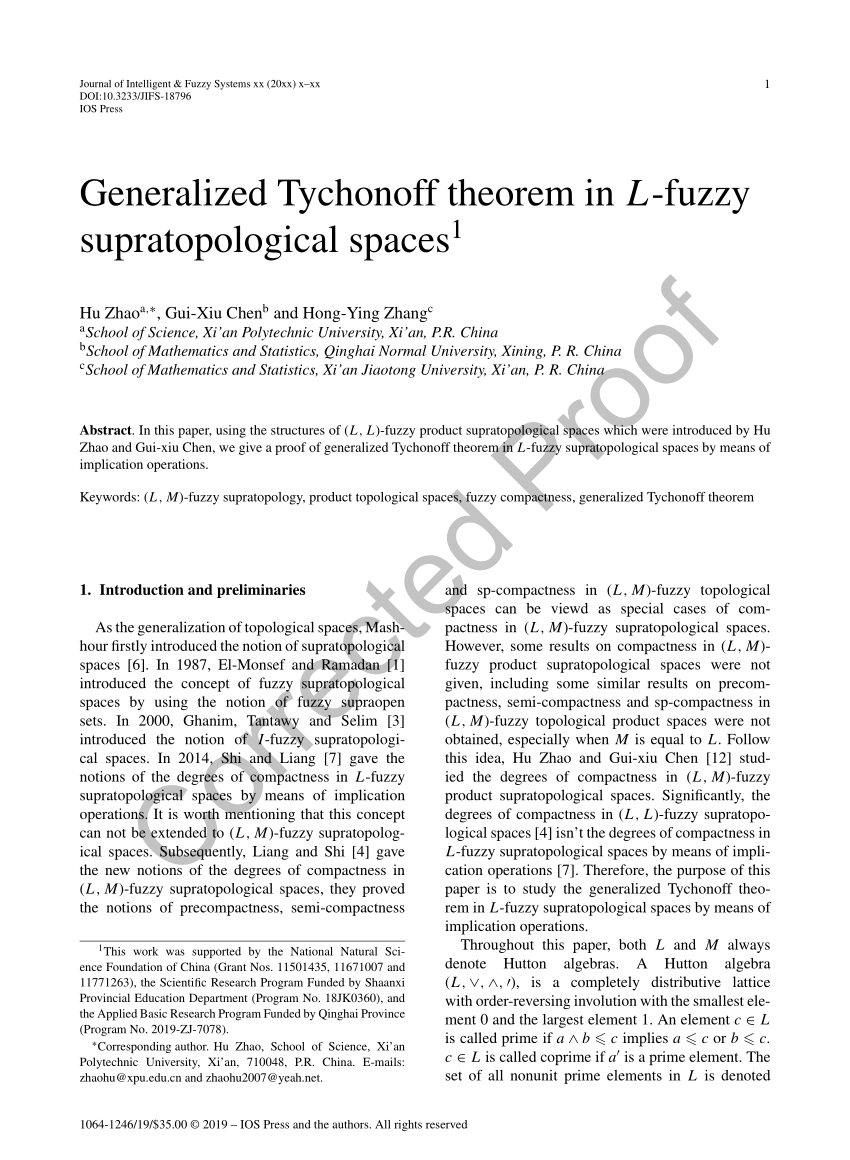 Pdf Generalized Tychonoff Theorem In L Fuzzy Supratopological Spaces1