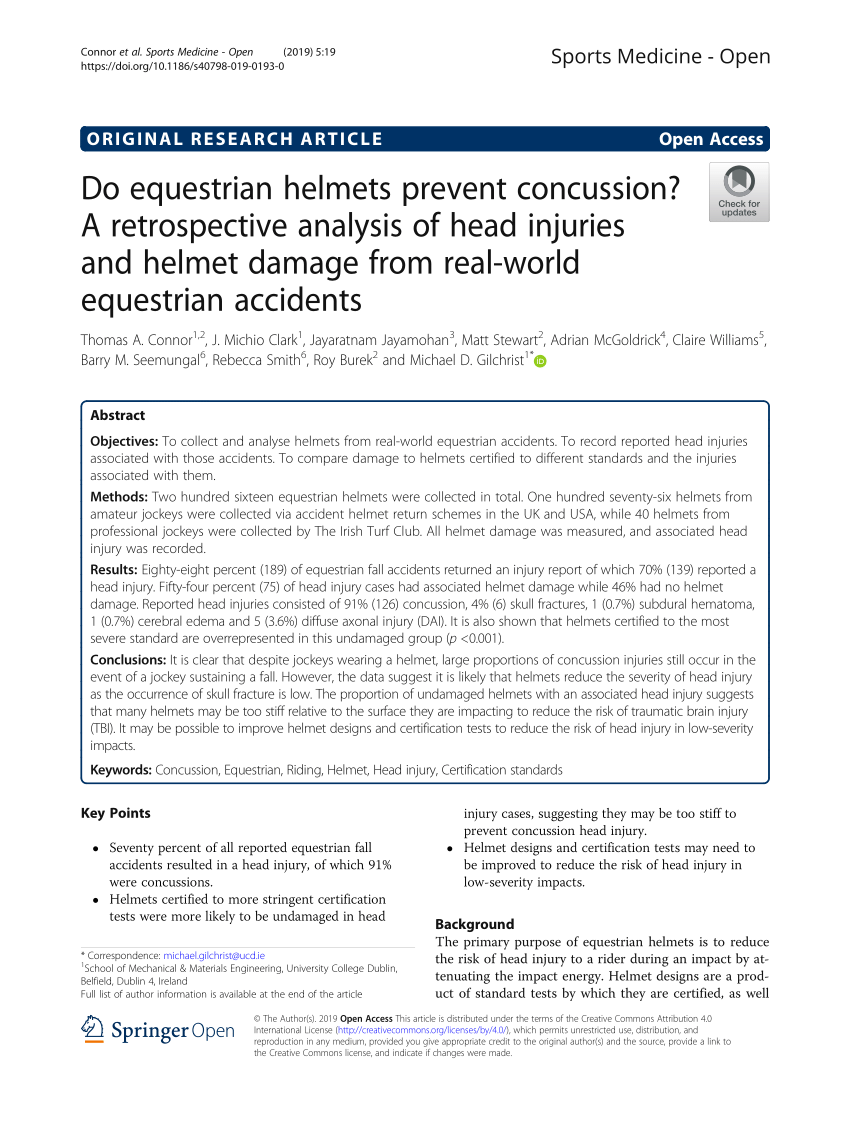 PDF) Do equestrian helmets prevent concussion? A retrospective analysis of head injuries and helmet damage from real-world equestrian accidents