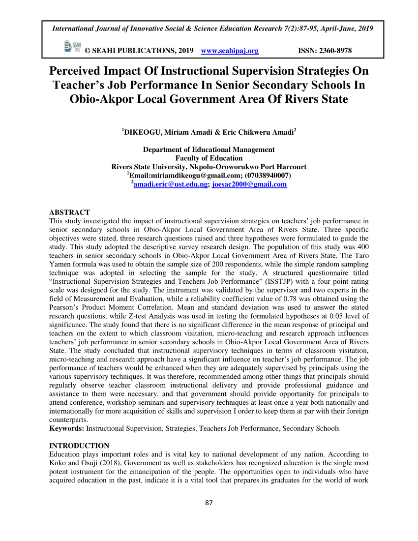 Pdf Perceived Impact Of Instructional Supervision Strategies On Teachers Job Performance In 4614