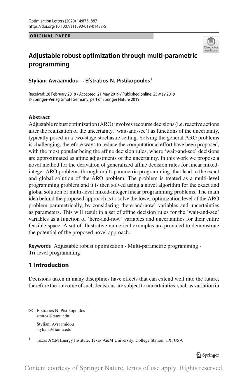 Adjustable Robust Optimization Through Multi Parametric Programming Request Pdf