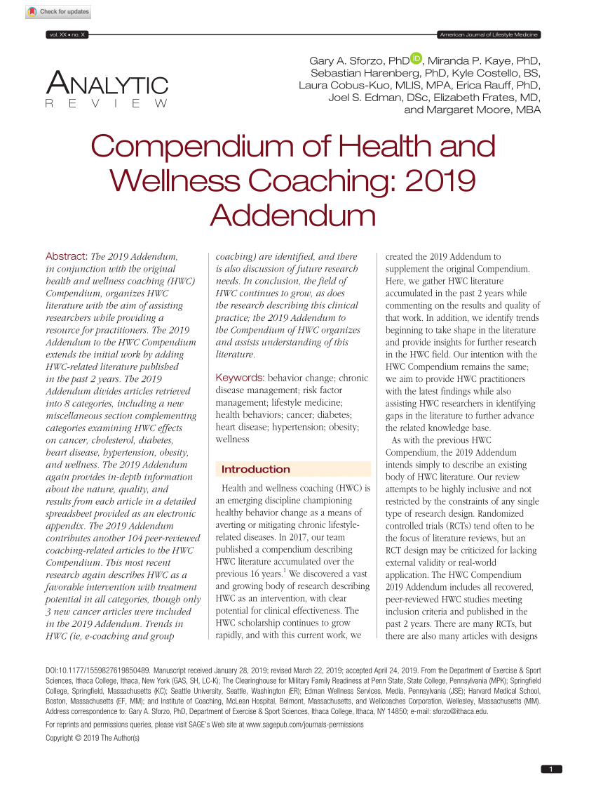 Pdf Compendium Of Health And Wellness Coaching 2019 Addendum