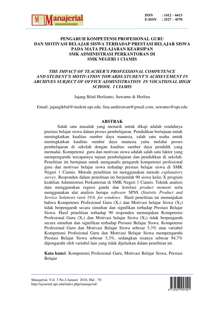 Pdf Pengaruh Kompetensi Profesional Guru Dan Motivasi Belajar
