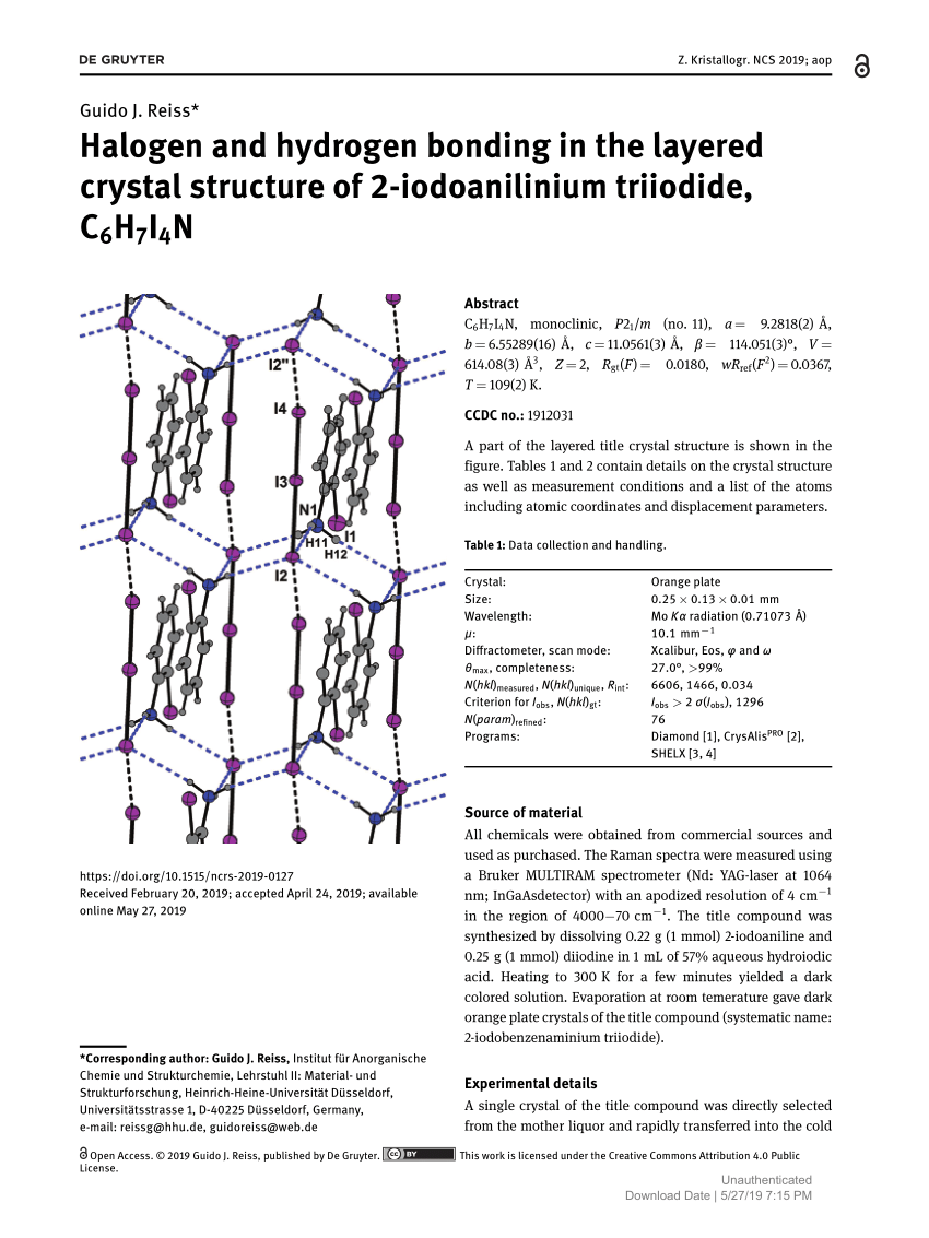 Pdf Halogen And Hydrogen Bonding In The Layered Crystal Structure Of 2 Iodoanilinium Triiodide