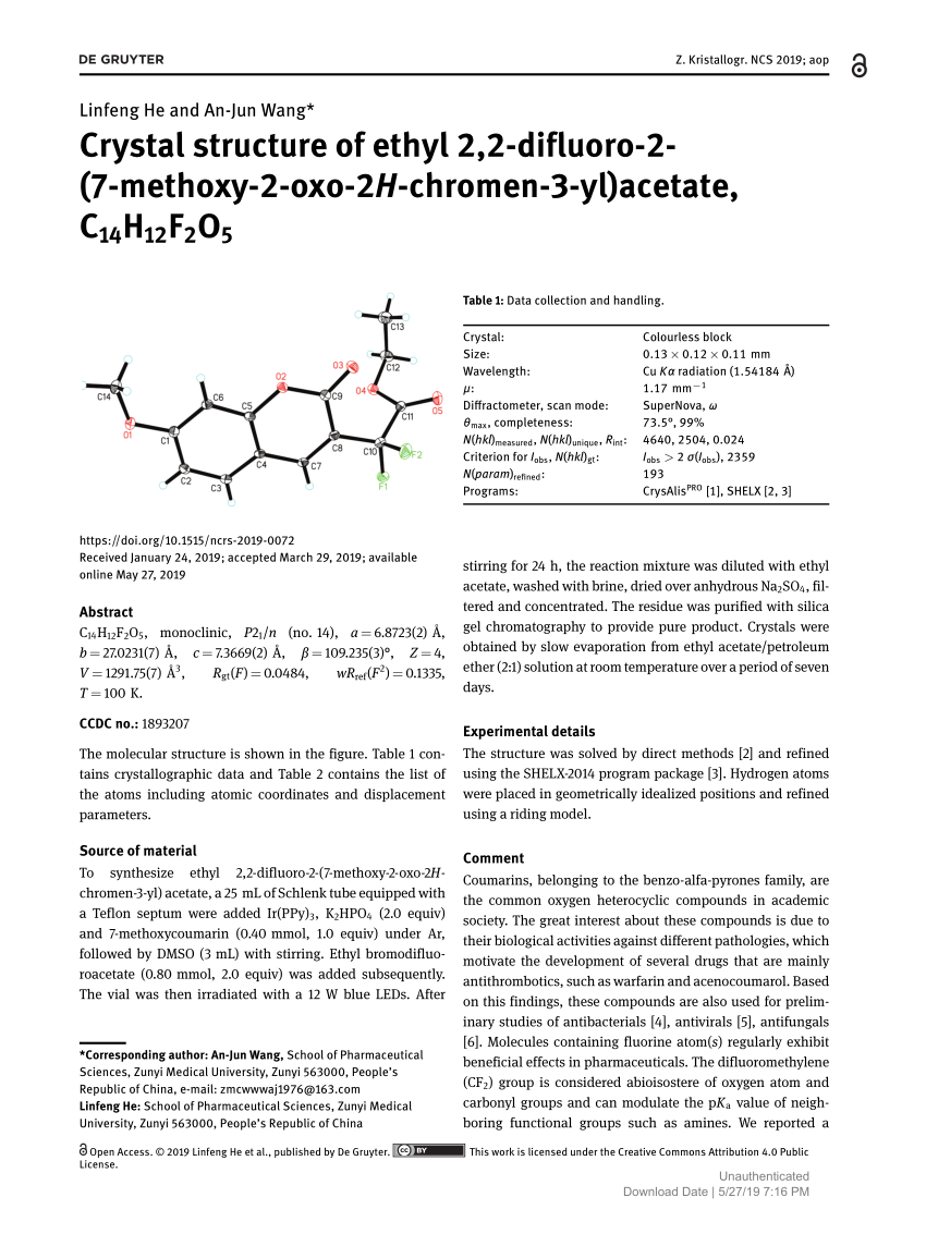 Pdf Crystal Structure Of Ethyl 2 2 Difluoro 2 7 Methoxy 2 Oxo 2h Chromen 3 Yl Acetate C14h12f2o5