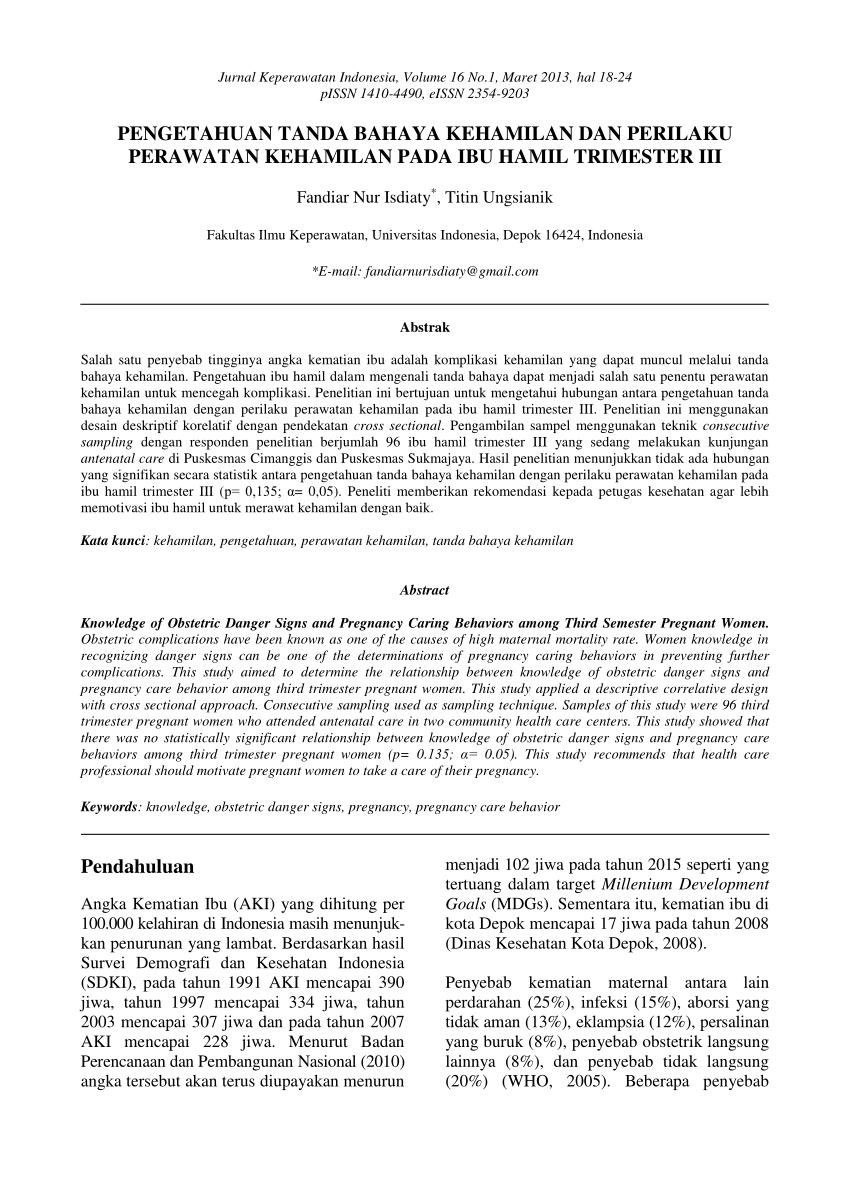 Pdf Pengetahuan Tanda Bahaya Kehamilan Dan Perilaku Perawatan