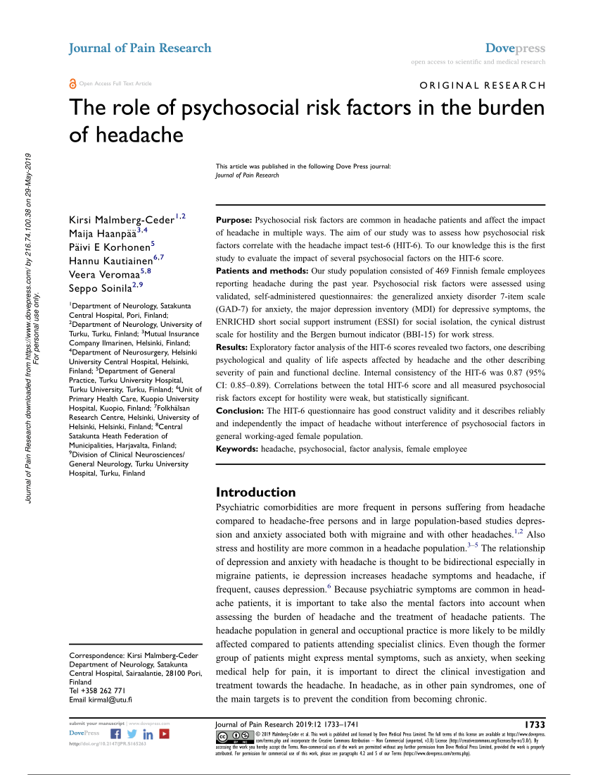 Pdf The Role Of Psychosocial Risk Factors In The Burden Of Headache