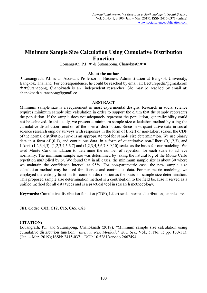 Pdf Minimum Sample Size Calculation Using Cumulative Distribution Function