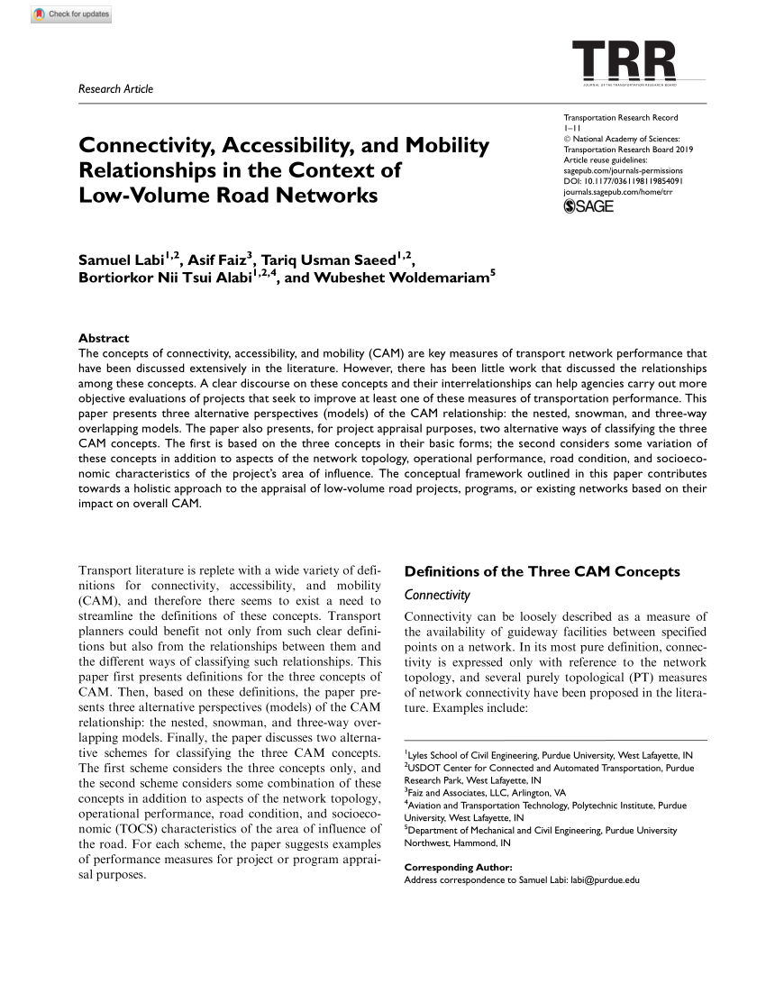 Pdf Connectivity Accessibility And Mobility Relationships In The Context Of Low Volume Road Networks