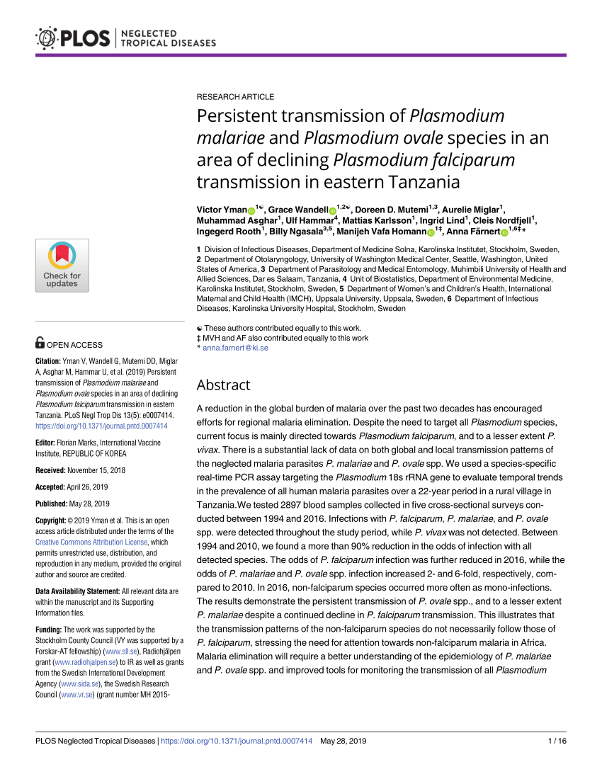 PDF) Persistent transmission of Plasmodium malariae and Plasmodium ...