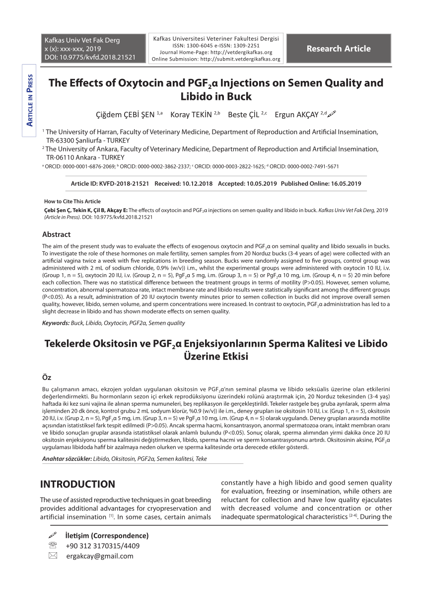 Pdf The Effects Of Oxytocin And Pgf 2 A Injections On Semen Quality And Libido In Buck