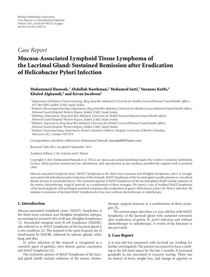 Pdf Case Report Mucosa Associated Lymphoid Tissue Lymphoma Of The Lacrimal Gland Sustained 