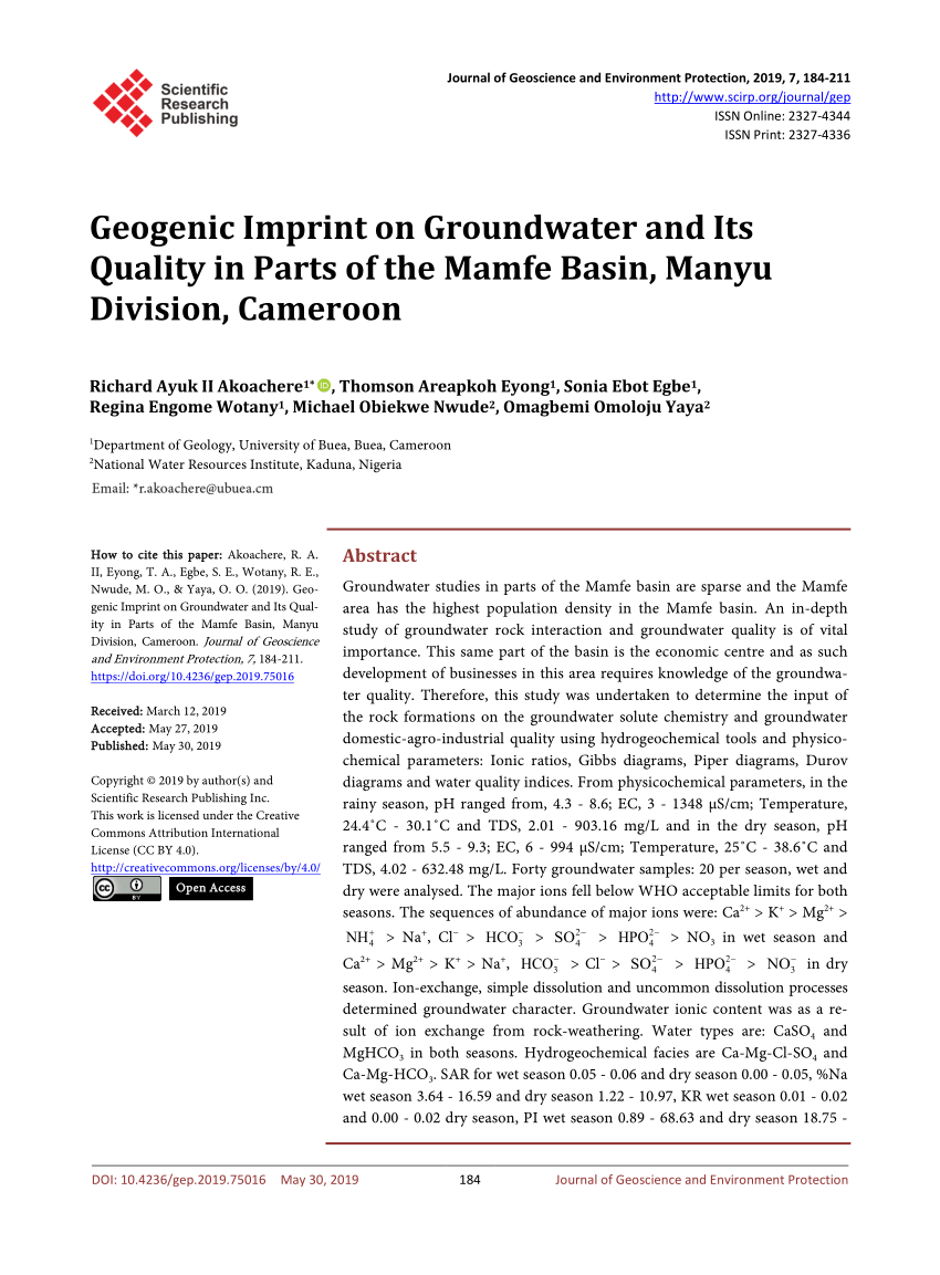 Pdf Geogenic Imprint On Groundwater And Its Quality In Parts Of The Mamfe Basin Manyu Division Cameroon