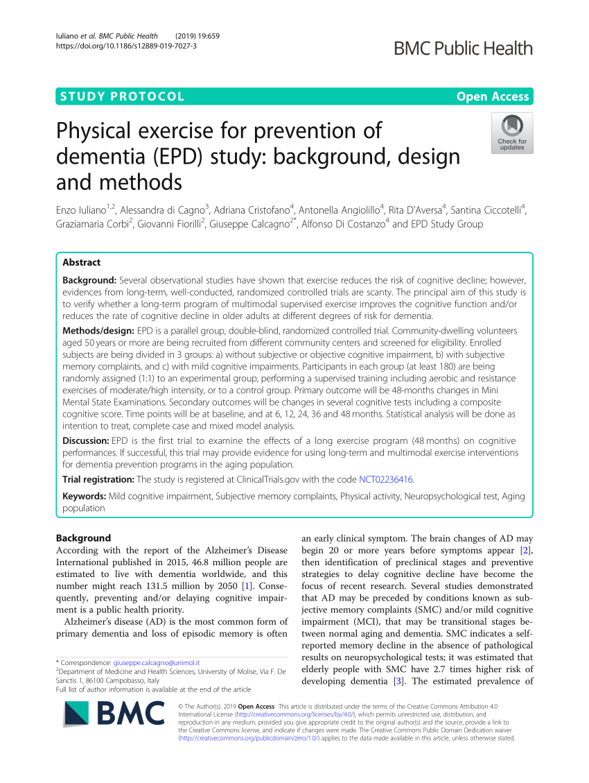 PDF) Physical exercise for prevention of dementia (EPD) study: background,  design and methods