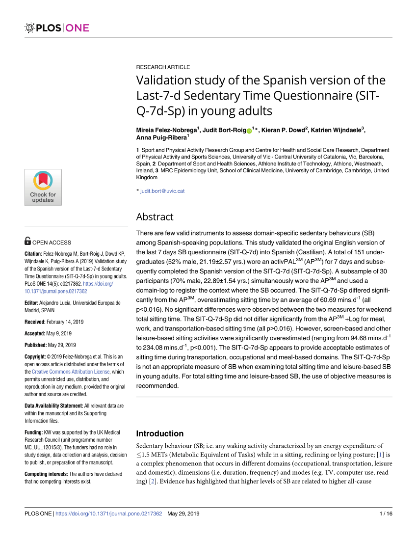 Pdf Validation Study Of The Spanish Version Of The Last 7 D Sedentary Time Questionnaire Sit Q 7d Sp In Young Adults