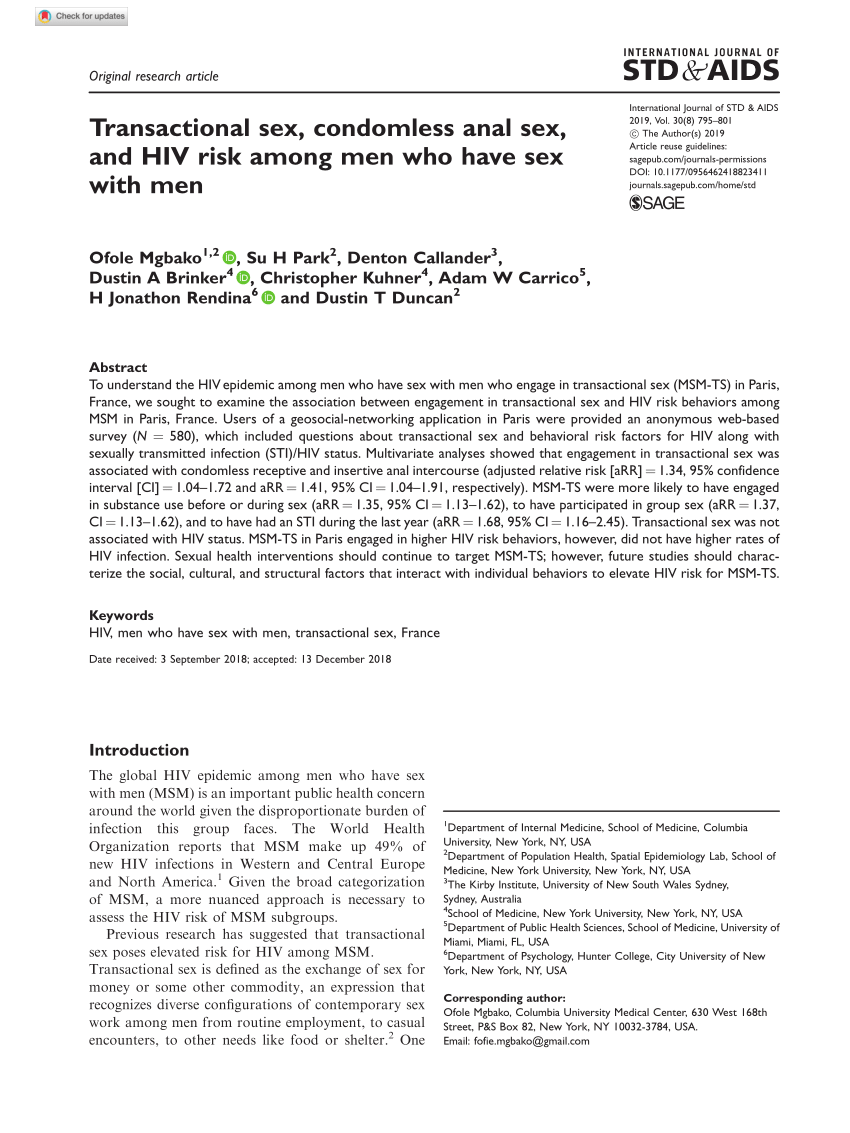 Pdf Transactional Sex Condomless Anal Sex And Hiv Risk Among Men Who Have Sex With Men 
