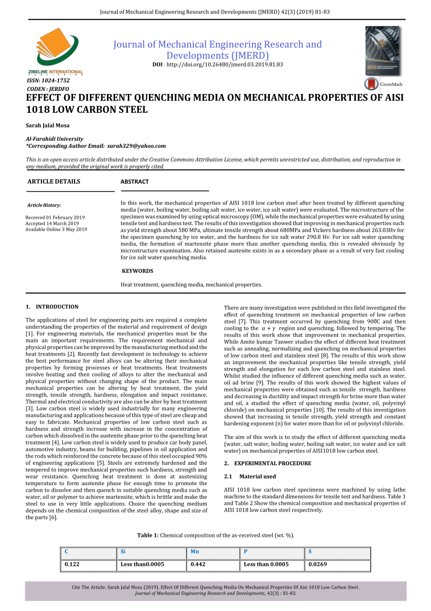 Pdf Effect Of Different Quenching Media On Mechanical Properties Of Aisi 1018 Low Carbon Steel