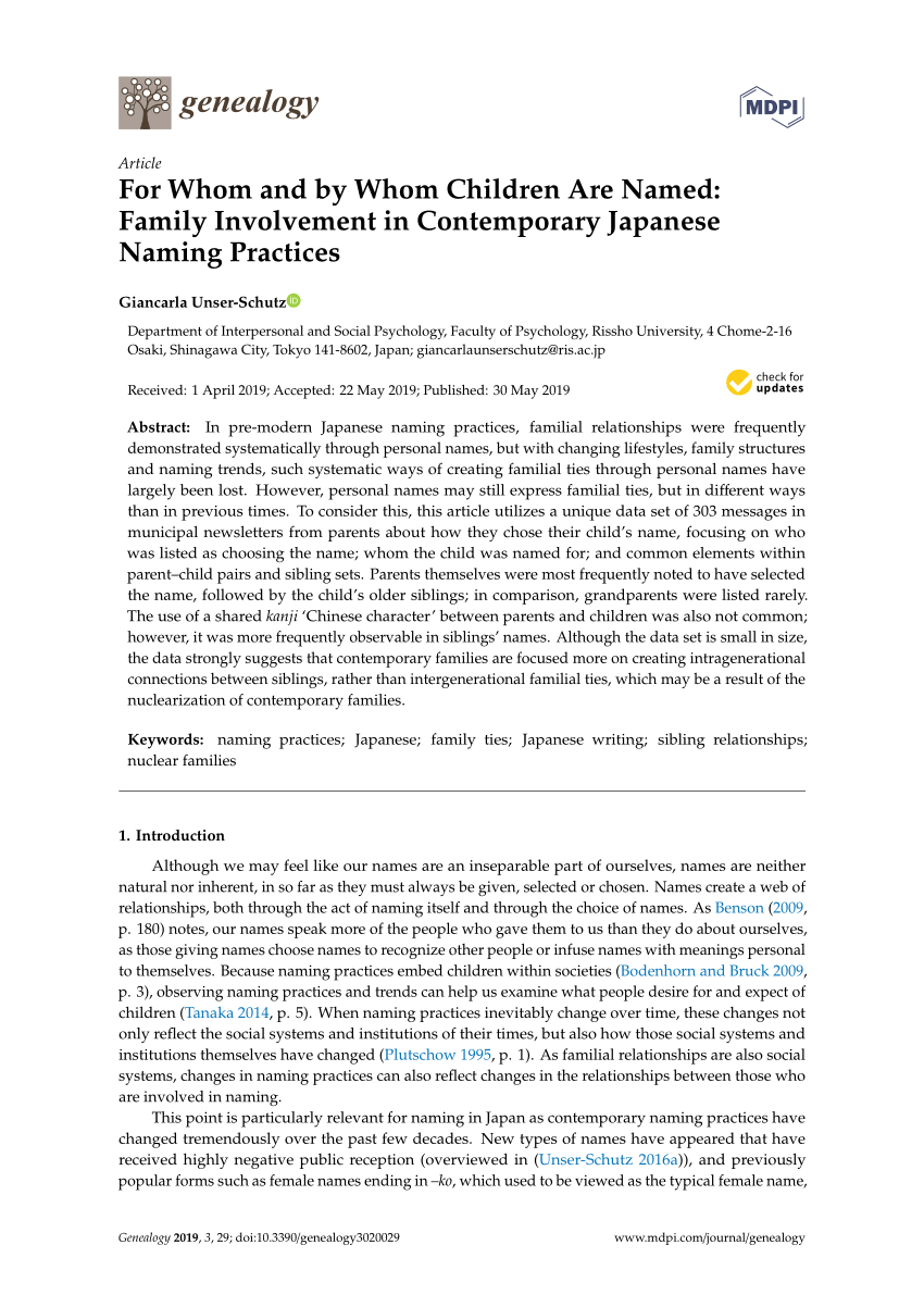 Pdf For Whom And By Whom Children Are Named Family Involvement In Contemporary Japanese Naming Practices