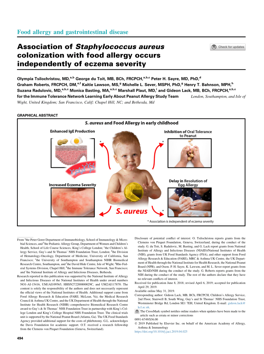 Association of Staphylococcus aureus colonization with food allergy occurs  independently of eczema severity - ScienceDirect