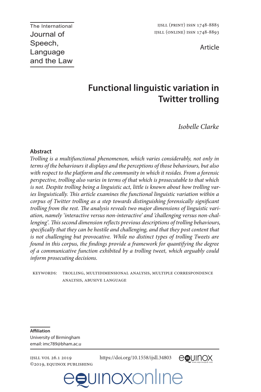 Pdf Functional Linguistic Variation In Twitter Trolling