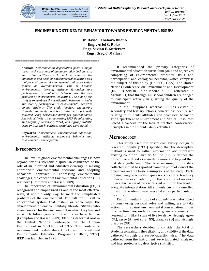 Pdf Engineering Students Behavior Towards Environmental Issues