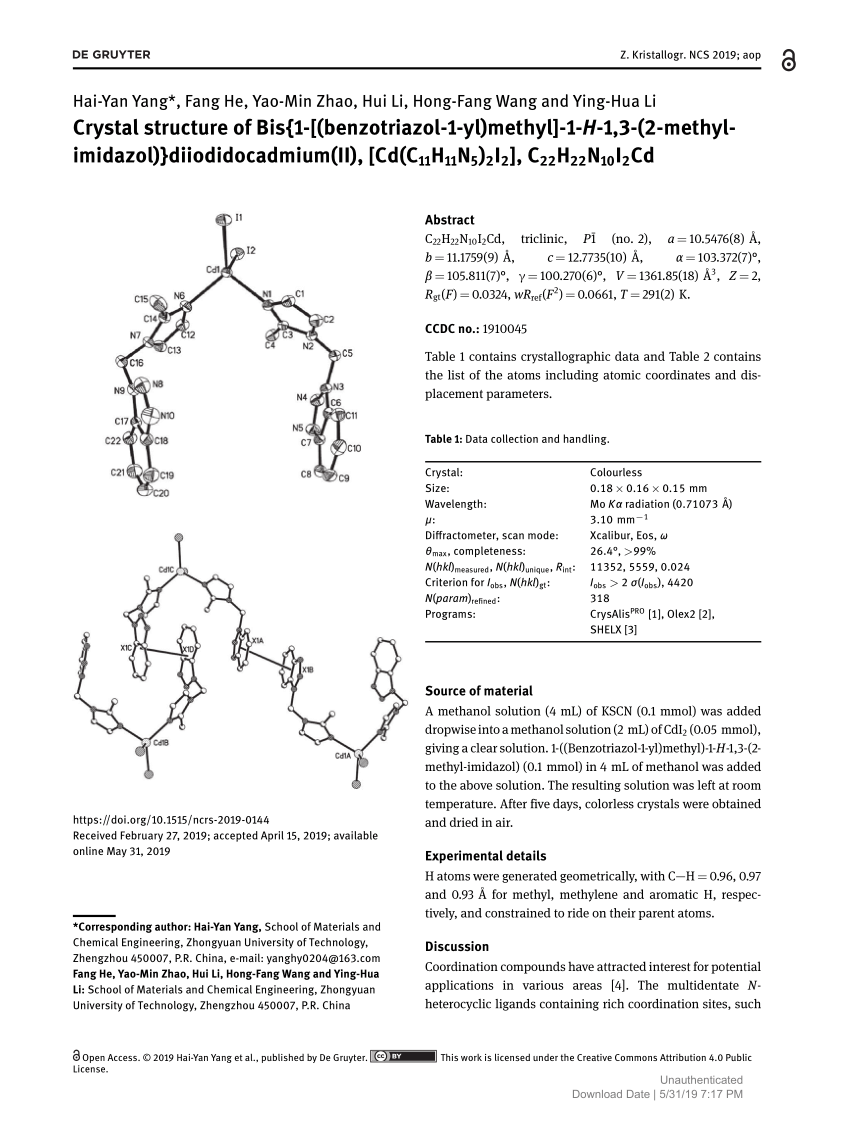Pdf Crystal Structure Of Bis 1 Benzotriazol 1 Yl Methyl 1 H 1 3 2 Methyl Imidazol Diiodidocadmium Ii Cd C11h11n5 2i2 C22h22n10i2cd
