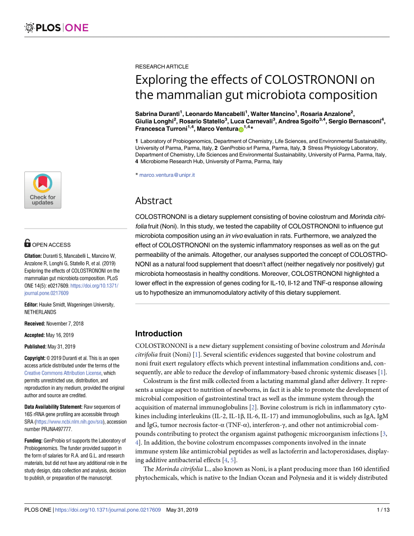 PDF) Exploring the effects of COLOSTRONONI on the mammalian gut microbiota  composition