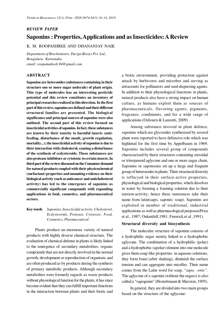 PDF) Saponins : Properties, Applications and as Insecticides: A Review