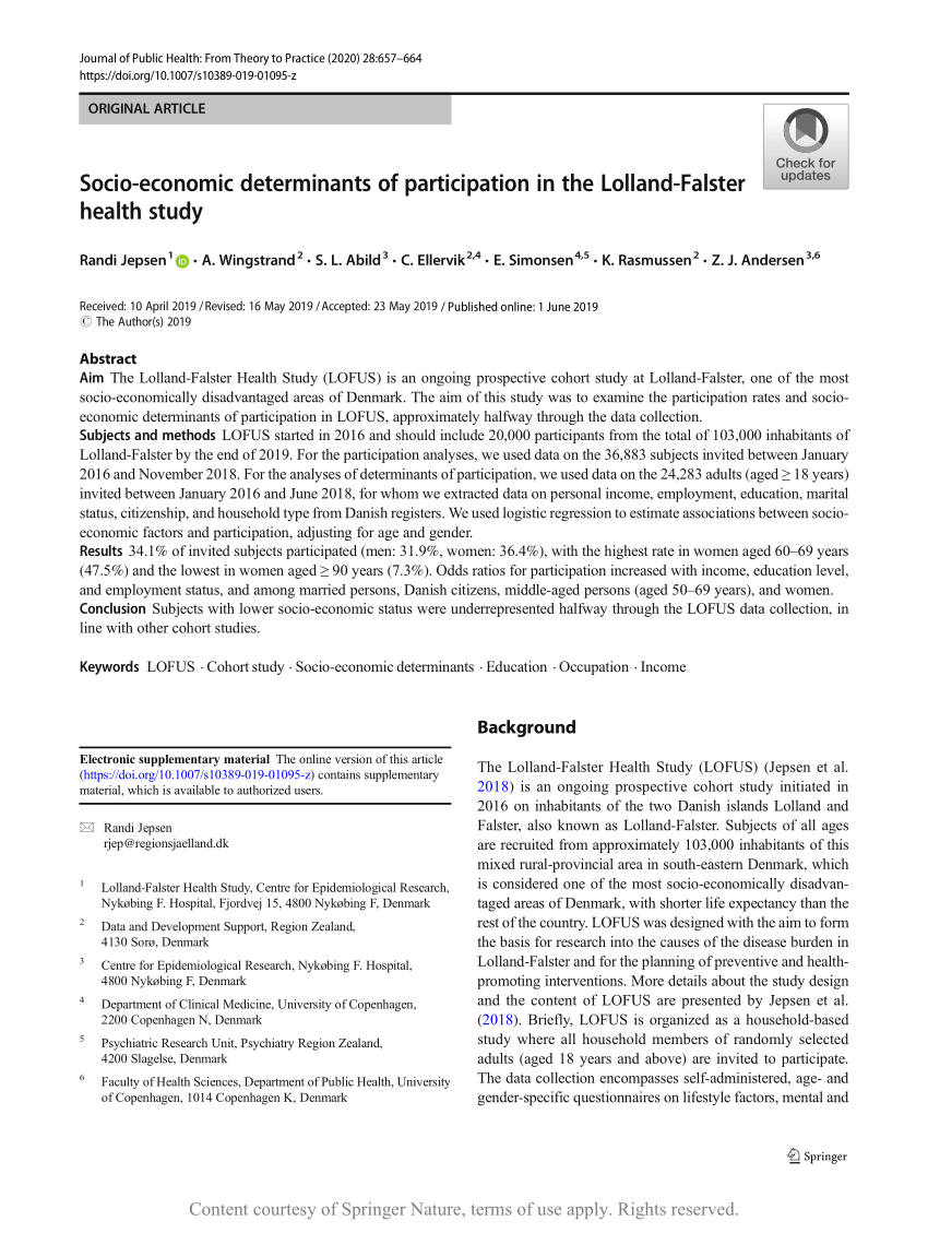 pdf socio economic determinants of participation in the lolland falster health study