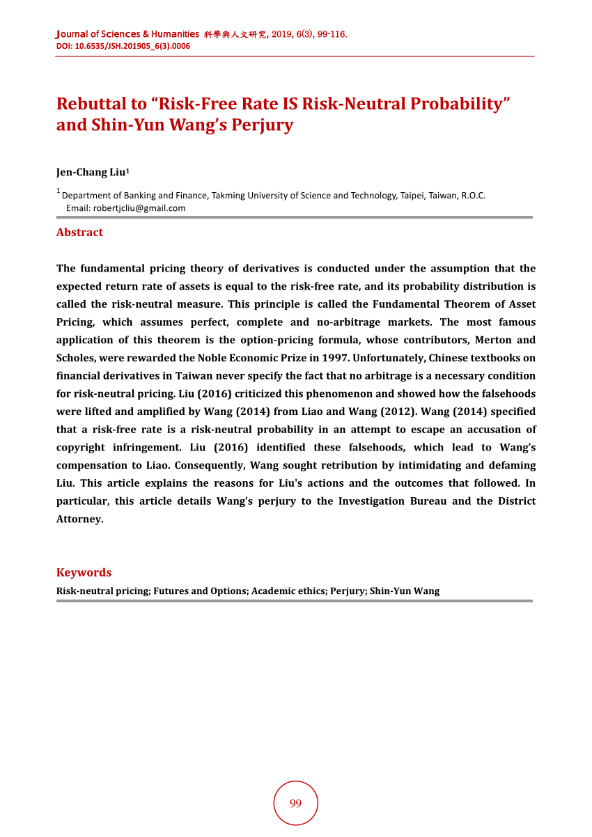 Pdf Rebuttal To Risk Free Rate Is Risk Neutral Probability And Shin Yun Wang S Perjury