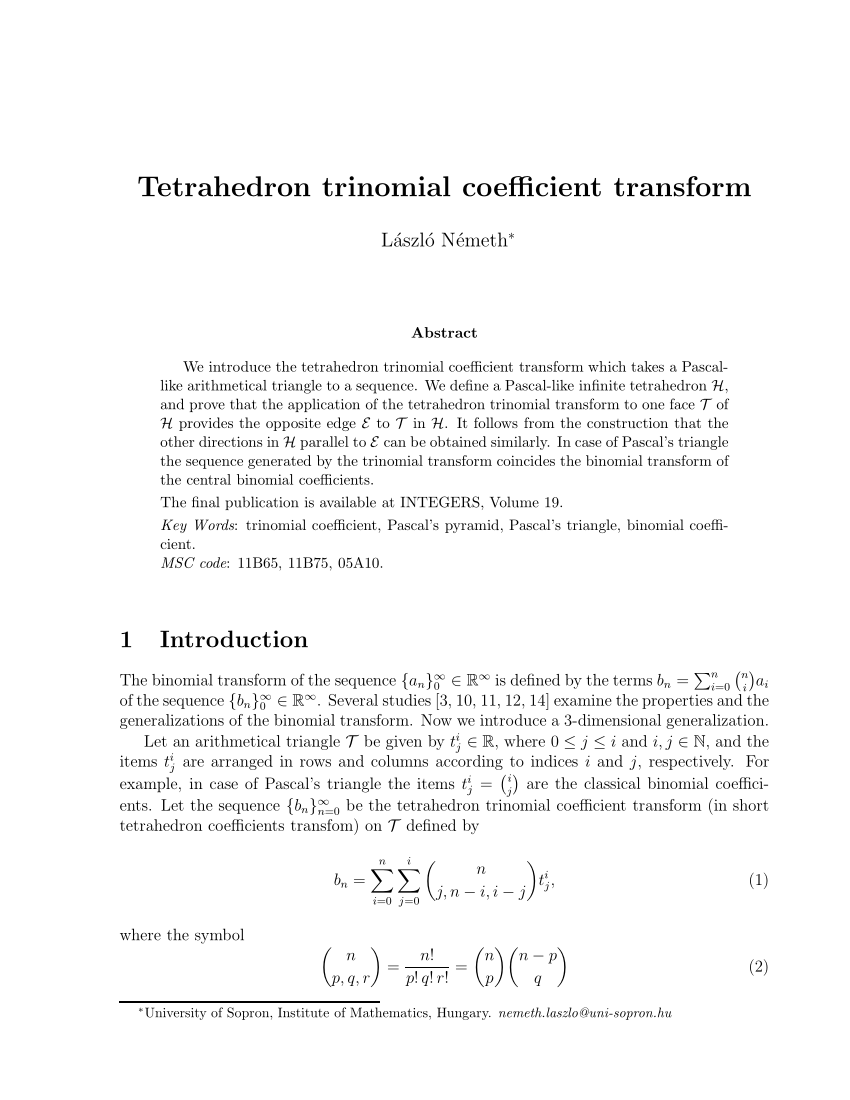 Pdf Tetrahedron Trinomial Coefficient Transform