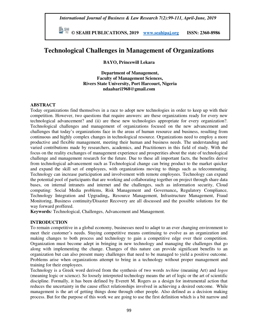 Pdf Technological Challenges In Management Of Organizations