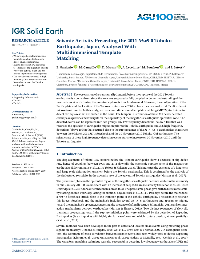 Pdf Seismic Activity Preceding The 11 Mw9 0 Tohoku Earthquake Japan Analyzed With Multi Dimensional Template Matching Mdtm