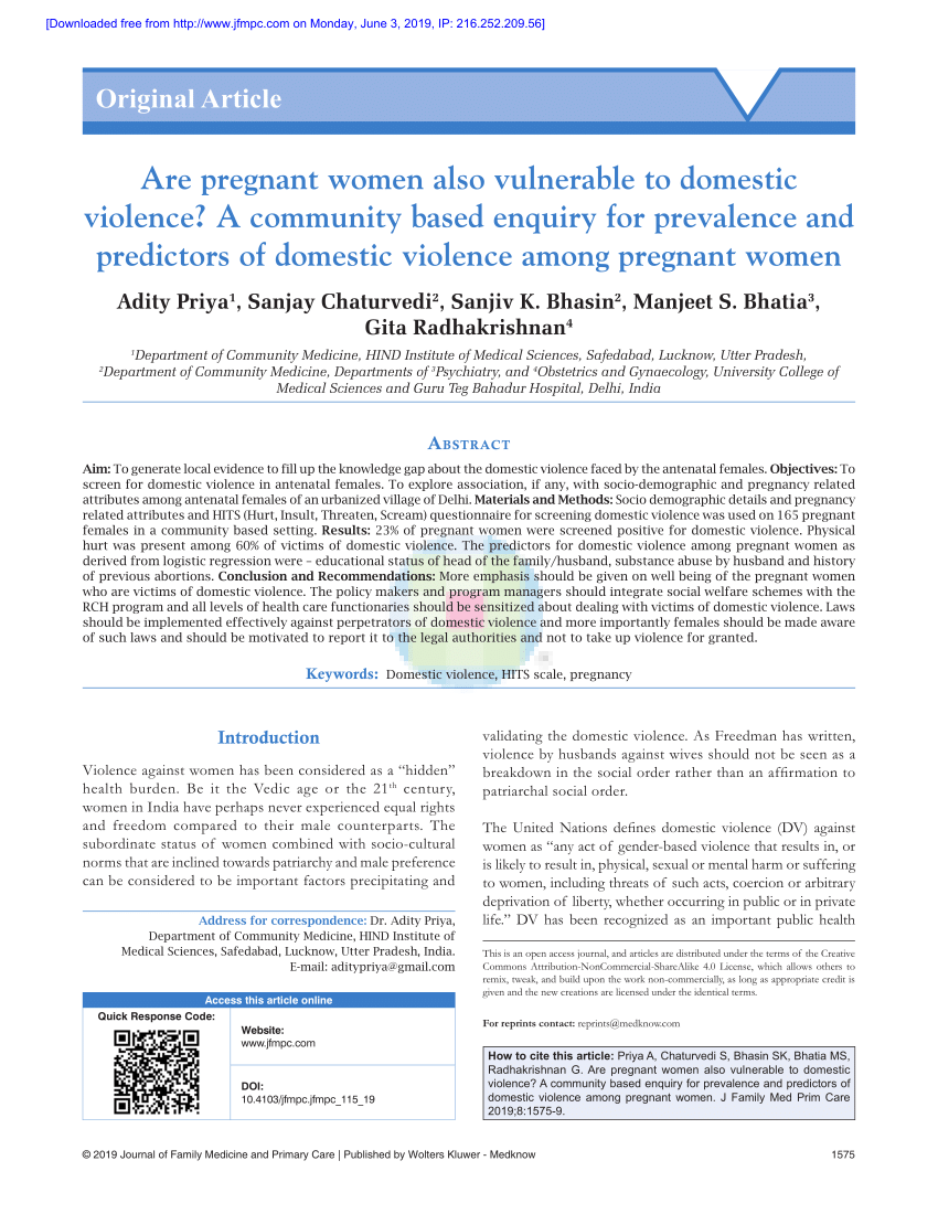 PDF) Are pregnant women also vulnerable to domestic violence? A community based enquiry for prevalence and predictors of domestic violence among pregnant women