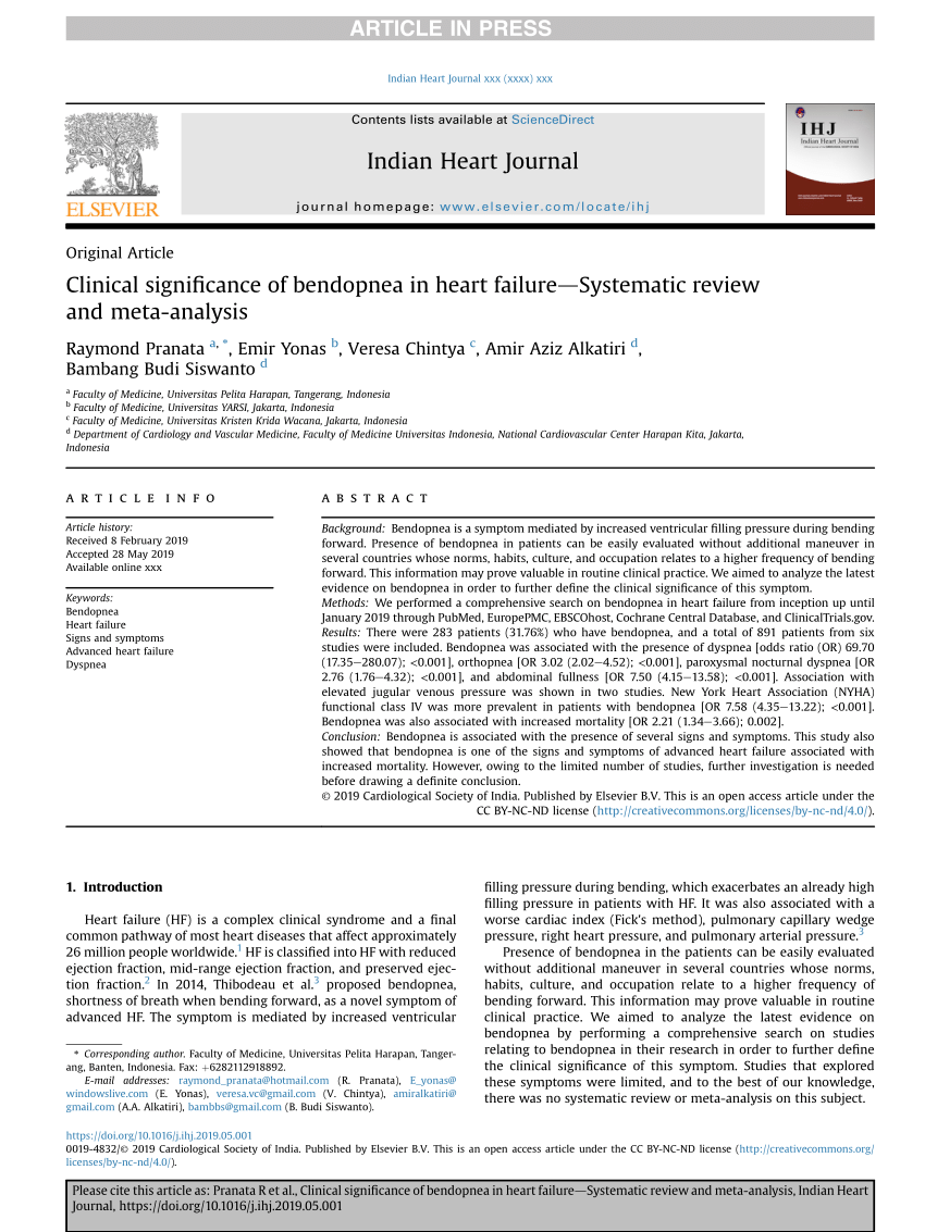 PDF Clinical Significance of Bendopnea in Heart Failure  