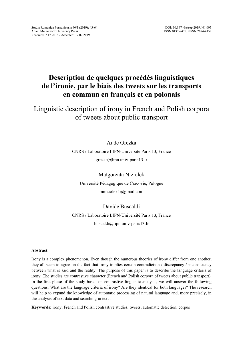 Pdf Description De Quelques Procedes Linguistiques De L Ironie Par Le Biais Des Tweets Sur Les Transports En Commun En Francais Et En Polonais